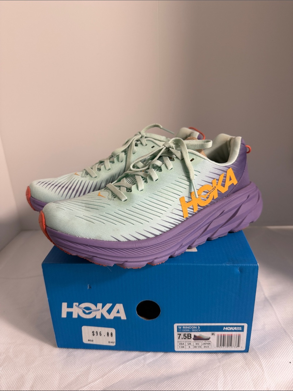 Hoka Women's Mint Green & Purple Running Sneakers with Orange Logo